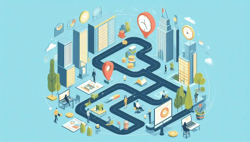 Illustration of a roadmap for digital transformation journeys, featuring a path with milestones and corporate buildings