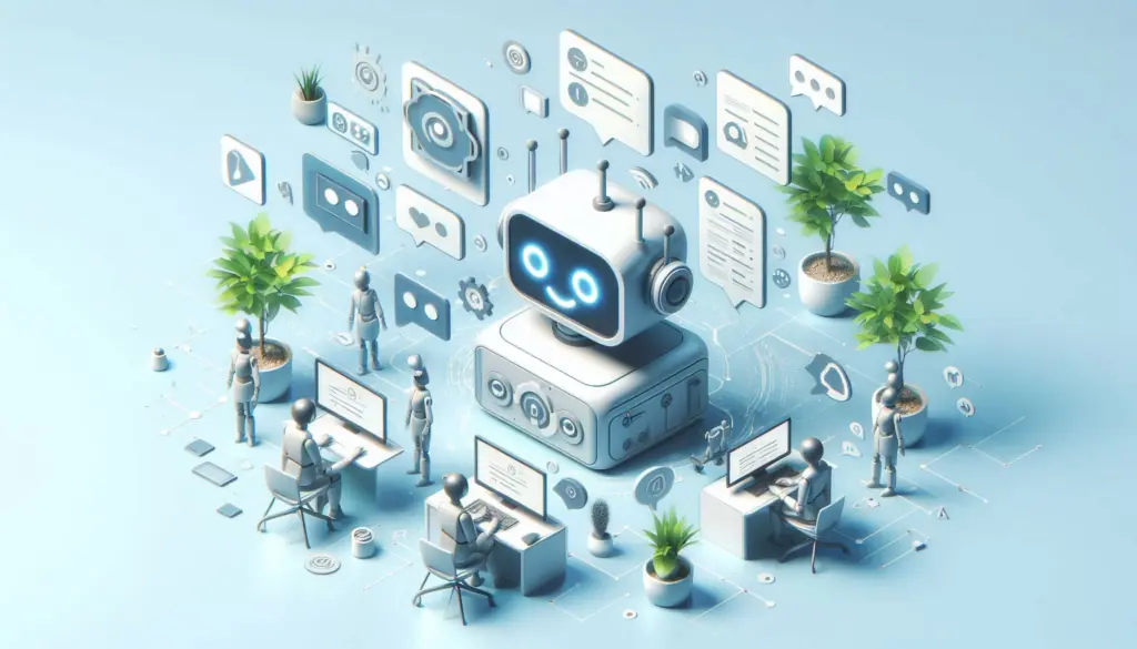 A 3D illustration of a chatbot central to various marketing elements, symbolizing AI in marketing examples, with digital icons and human figures interacting