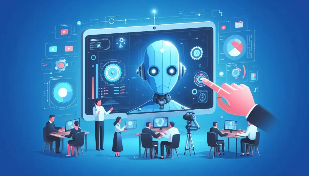 A digital illustration highlighting AI in marketing examples, featuring a robot on a tablet screen with multimedia icons, representing AI Video Marketing