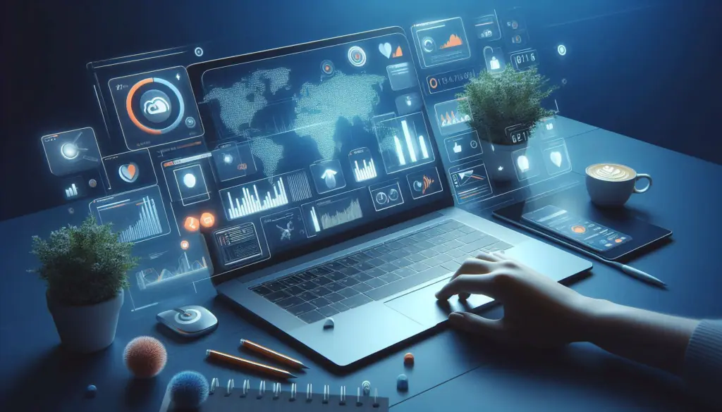 A futuristic workspace with a laptop displaying analytics and social media metrics, exemplifying AI in marketing examples for real-time insights