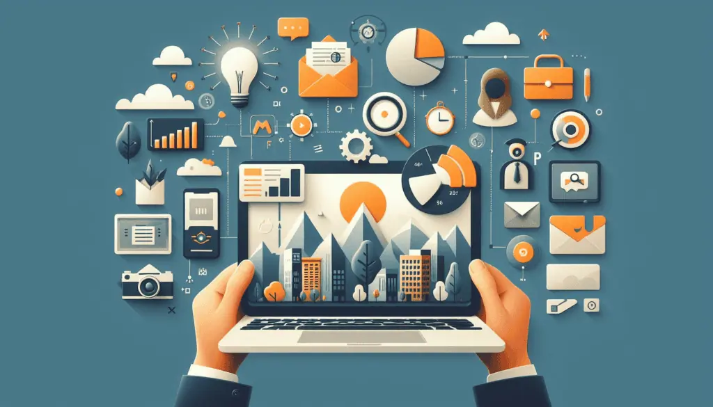A laptop displaying growth charts and urban skyline, surrounded by icons of analytics and emails, symbolizing AI in marketing examples for intelligent email campaigns