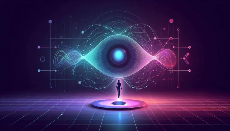 Digital illustration of a human silhouette standing before a large stylized eye, representing the concept of quantum AI with dynamic data patterns and neon glow