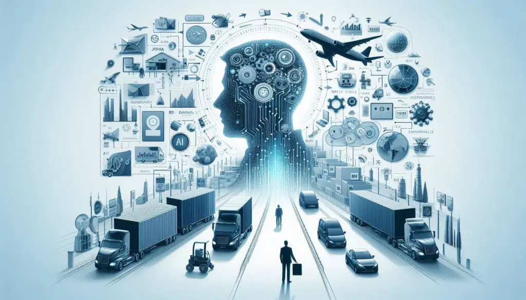 Digital transformation in logistics: A person interfaces with a multimodal AI brain, symbolizing John’s business evolution