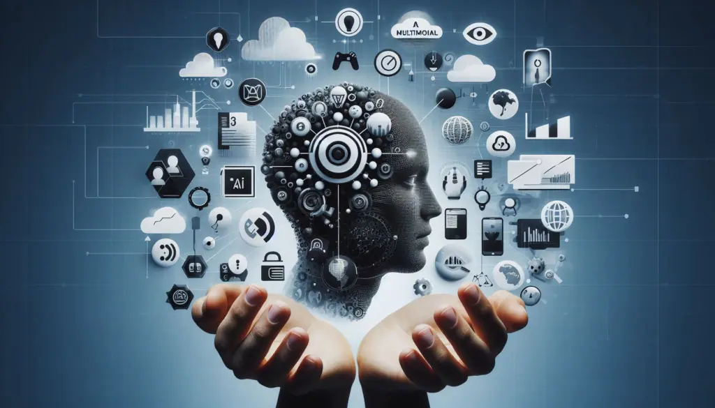 Hands releasing icons of technology and data, capturing the essence of multimodal AI’s diverse data integration