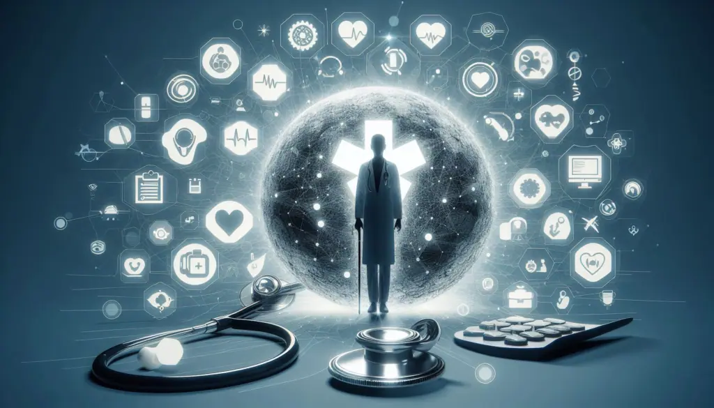 Silhouette of a healthcare professional stands at the center of a digital interface with medical icons, symbolizing multimodal AI’s role in healthcare advancements