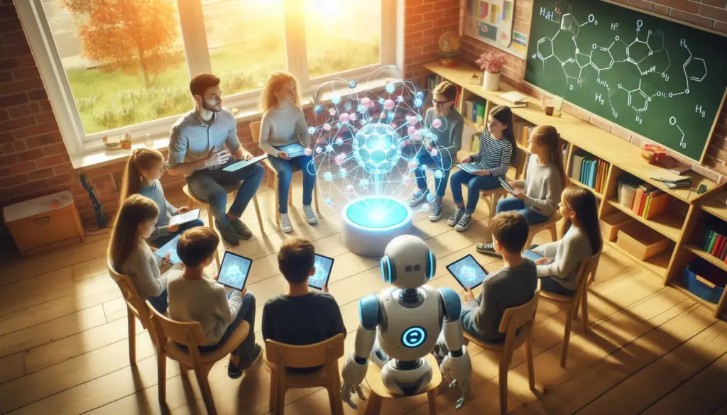 Classroom setting with students using tablets and a robot teacher, illustrating the impact of multimodal AI on education