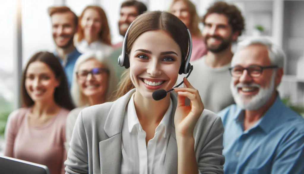 Diverse office workers collaborate, with a focus on a representative assisting a customer. Multimodal AI enhances their service