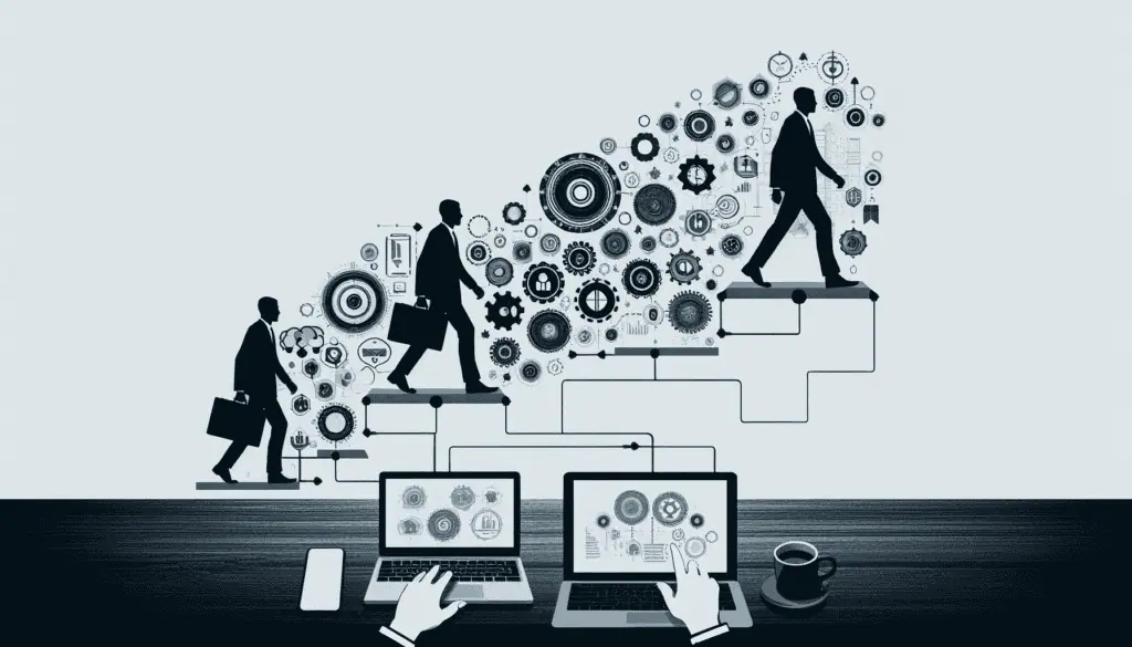 People ascend steps formed by speech bubbles, amidst gears, leading to innovation