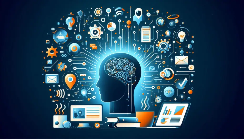 Silhouette of a human head interwoven with AI and digital marketing icons, symbolizing transformative ai in marketing examples
