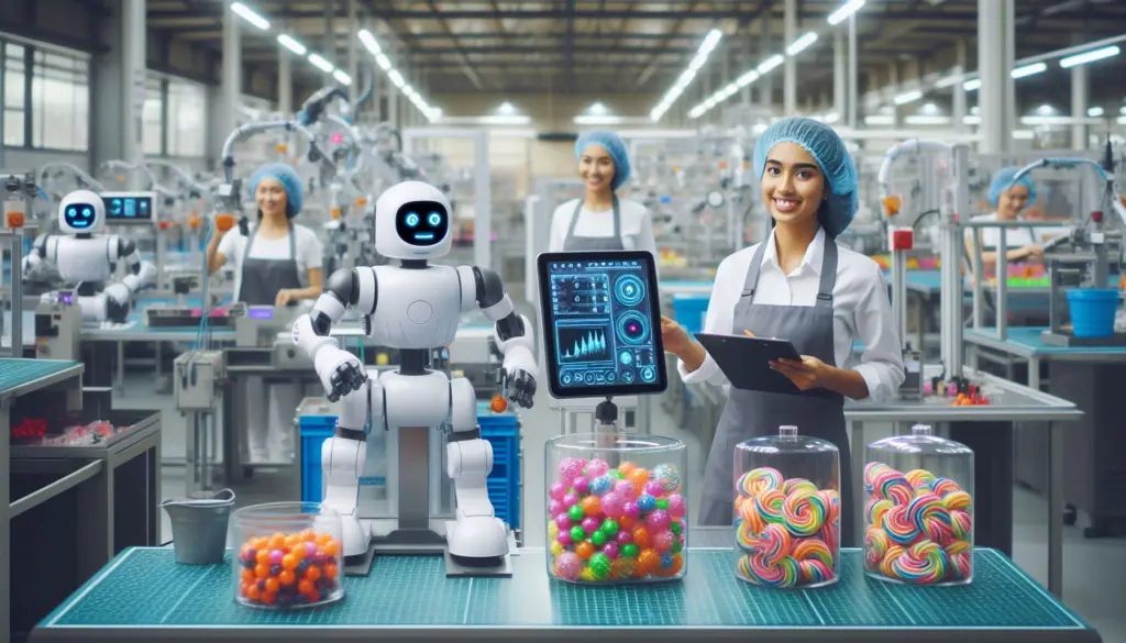 Humanoid robot and a person with a digital tablet stand beside a conveyor belt with colorful balls, showcasing multimodal AI models enhancing automation in industry