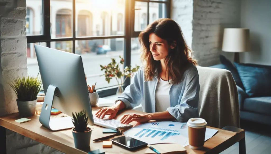 A small business owner analyzes data on a computer, showcasing how multimodal AI models enhance decision-making and efficiency