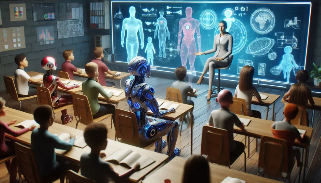 A futuristic classroom scene depicting a robot teacher and students learning about multimodal AI models from holographic displays
