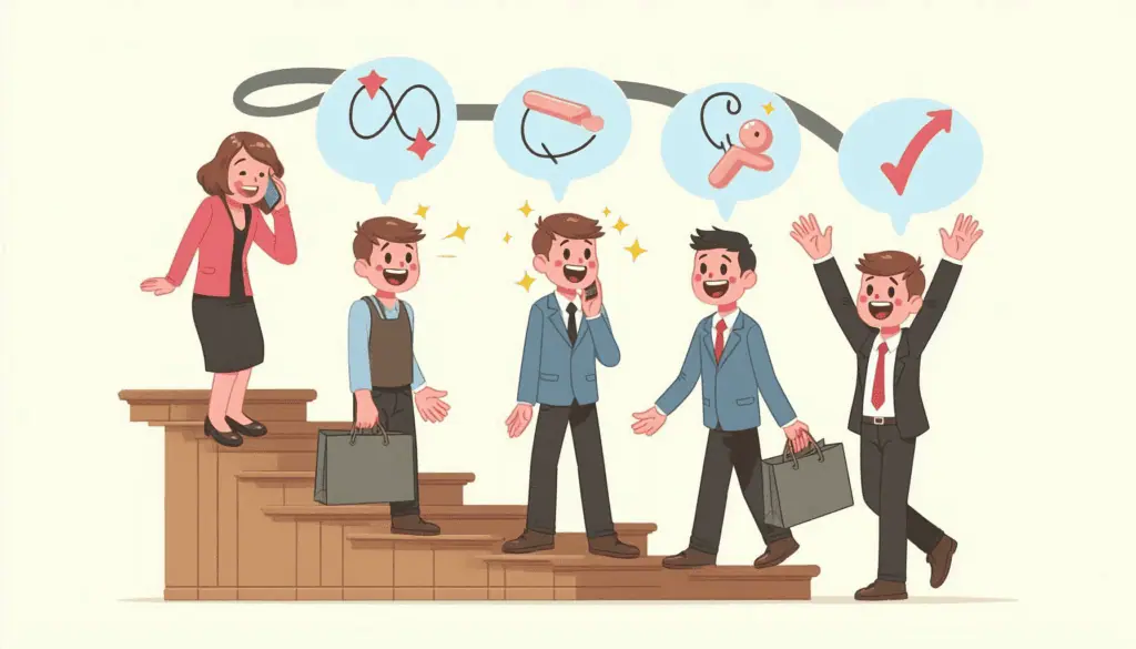 Minimalist depiction of customer experience in the age of AI, showing individuals progressing from questioning to delight