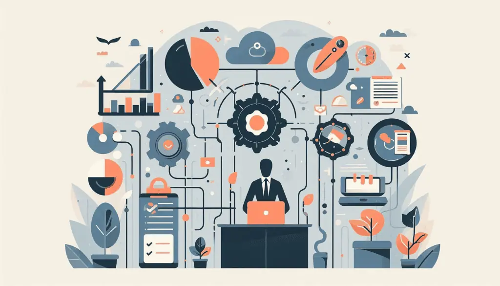 The image illustrates ‘AI in HR’ with a person at a desk, icons of automated processes like data analysis and scheduling, highlighting AI’s role in streamlining HR administrative tasks