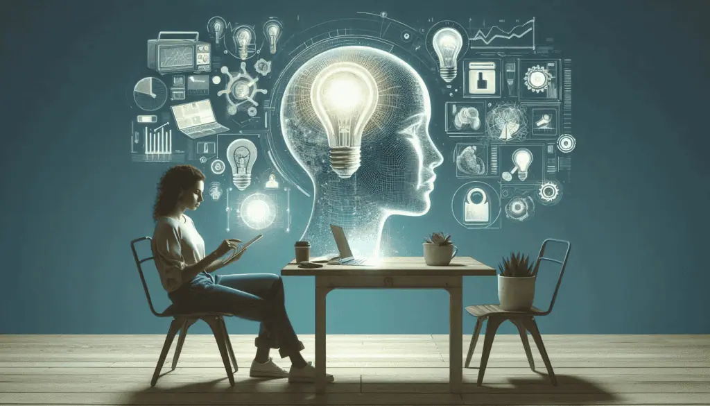 A conceptual depiction of artificial intelligence transforming customer experience, with a figure interacting with futuristic AI interfaces