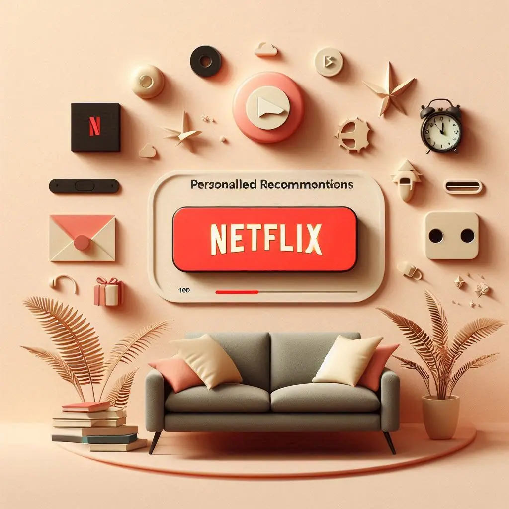 Illustration of a cozy beige couch with Netflix’s personalized recommendations on screen, encapsulating customer experience in the age of AI