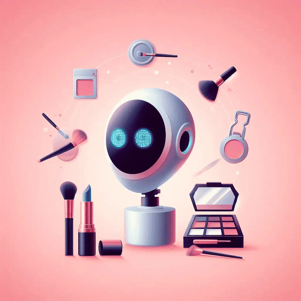 A playful robot amidst beauty products, embodying the fusion of AI Beauty Assistants and customer experience in the age of AI at Sephora