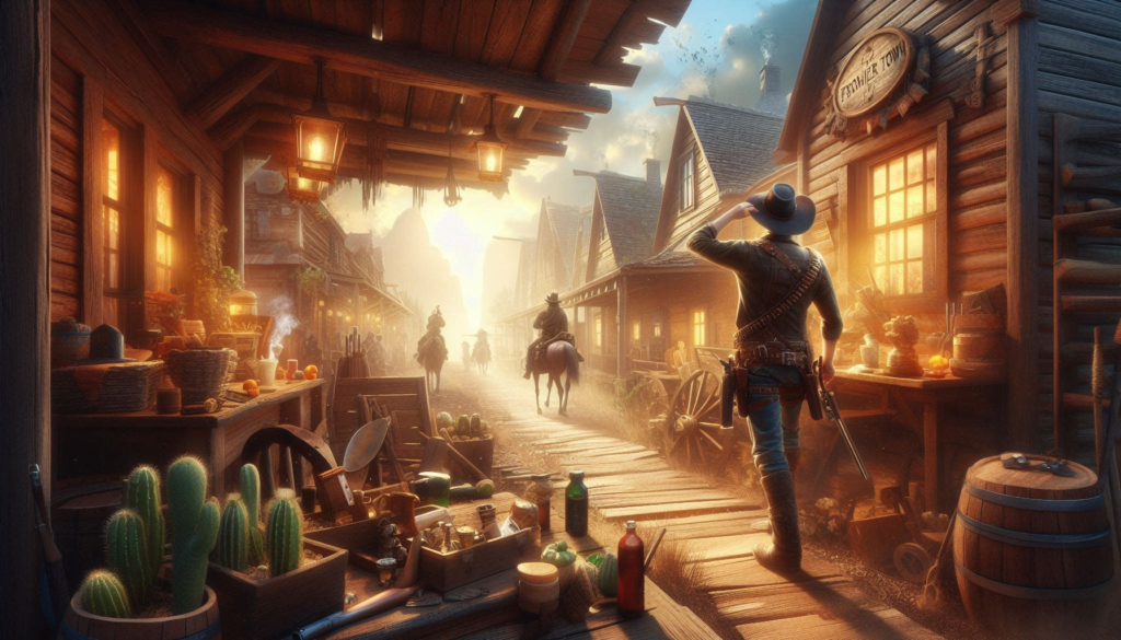 Digital business in a bustling frontier town, merging old charm with new opportunities