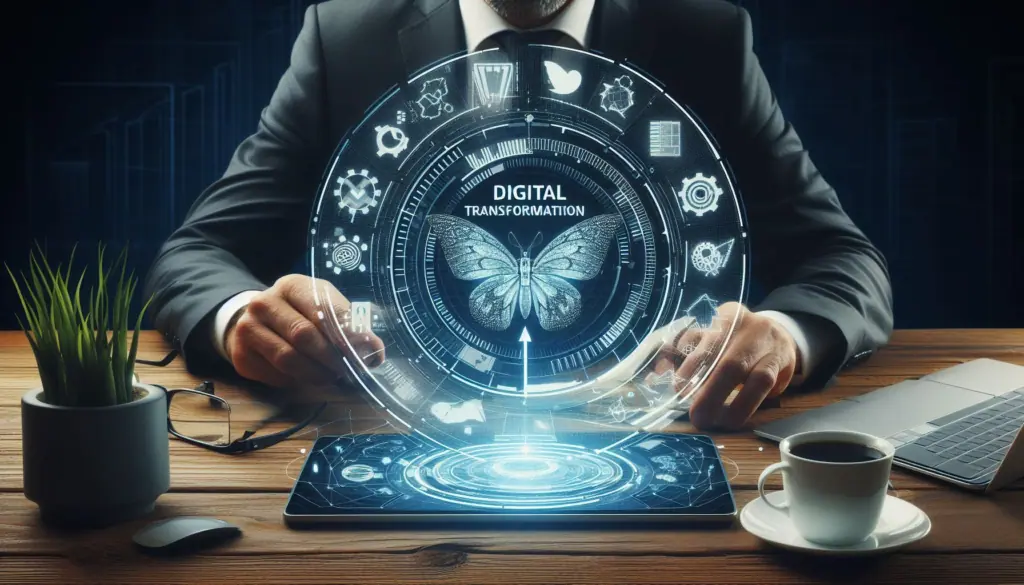 The image illustrates hands engaging with a holographic interface, embodying through digital transformation strategies