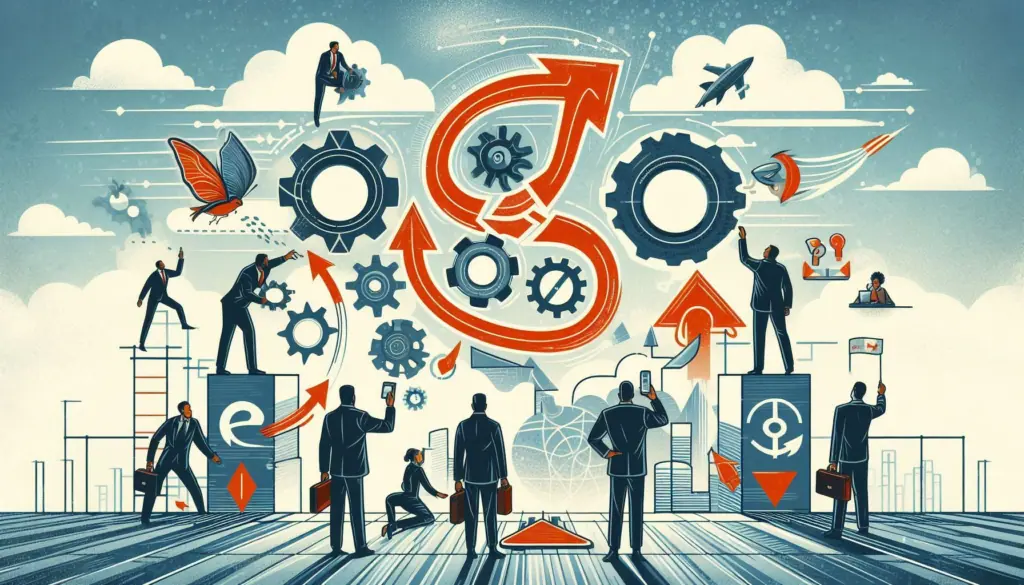 The image portrays business people and gears, reflecting on ‘managing change in the workplace’ and the challenges in change management initiatives