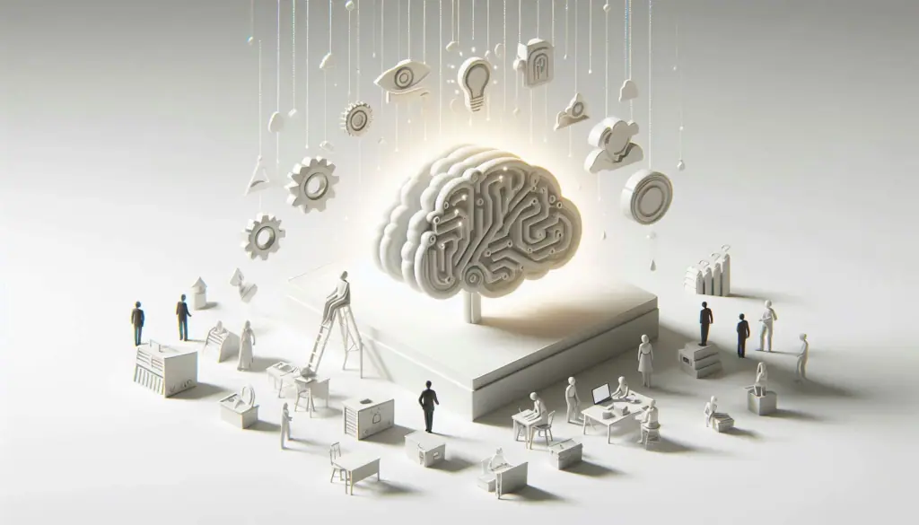 A 3D illustration of a stylized brain symbolizing artificial intelligence, surrounded by business icons and figures representing its impact on small and medium-sized businesses