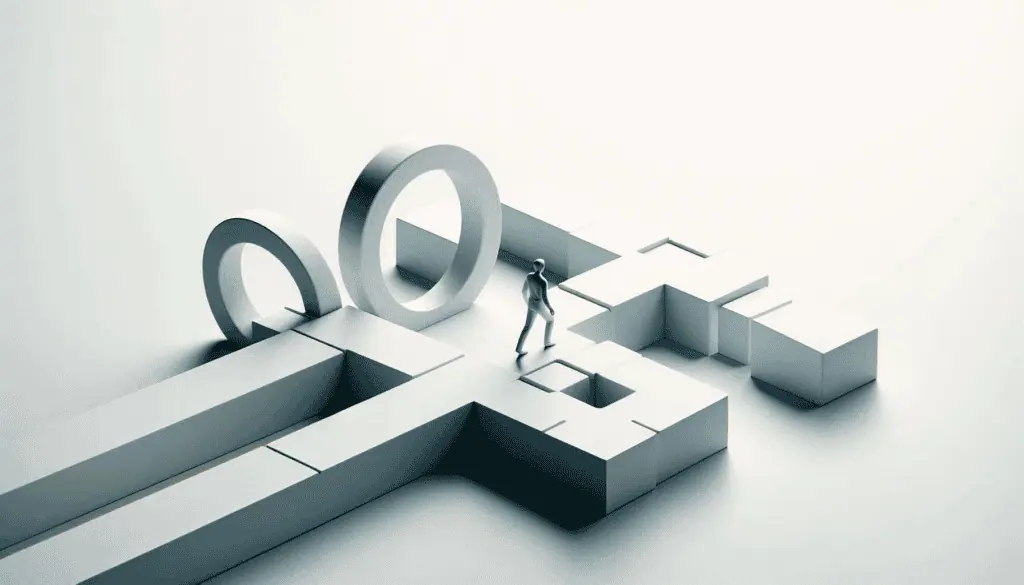 A 3D maze with a figure navigating towards hurdles, metaphorically depicting the customer journey through potential challenges