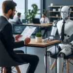 AI’s integration into the workforce depicted by a humanoid robot interviewing a candidate in a modern office setting, symbolizing AI in HR
