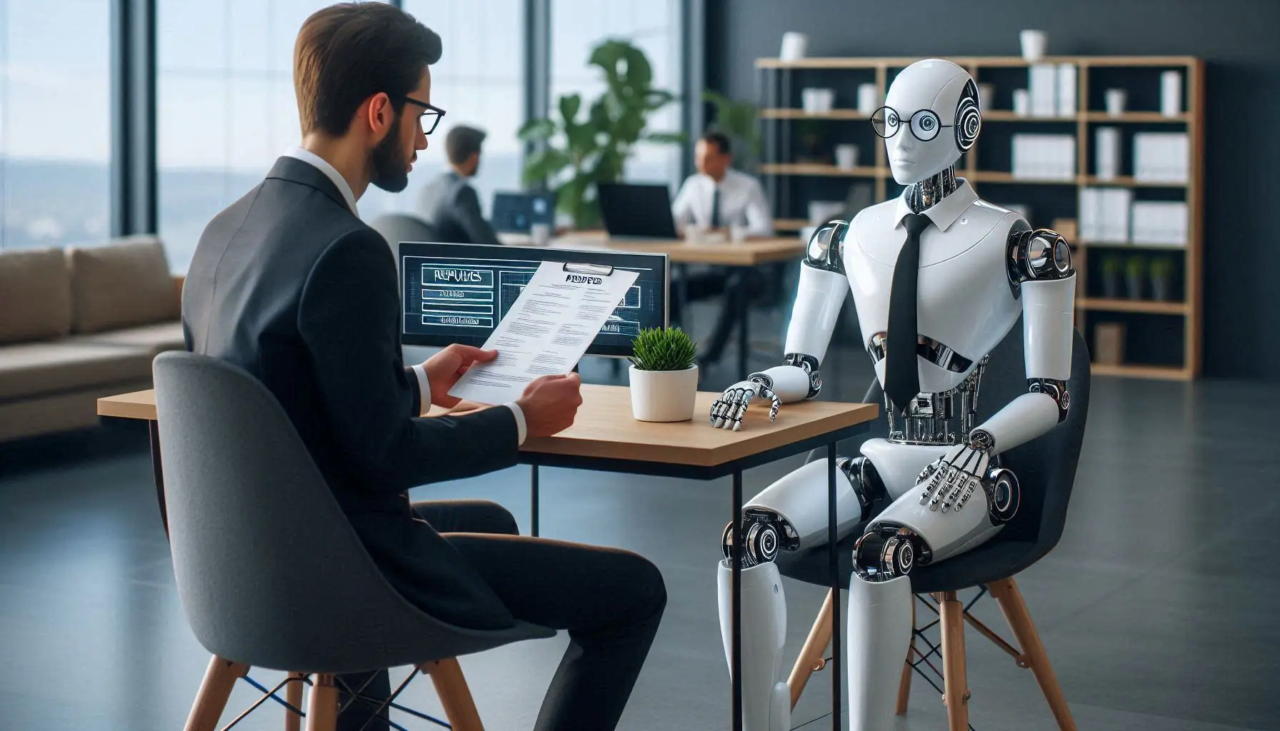 AI’s integration into the workforce depicted by a humanoid robot interviewing a candidate in a modern office setting, symbolizing AI in HR