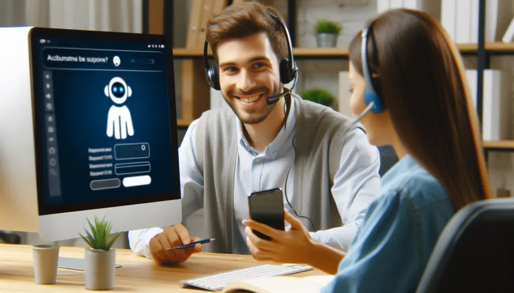 Two professionals engage with an AI customer support interface on a desktop, symbolizing customer experience in the age of AI. One is wearing a headset, indicating active customer interaction