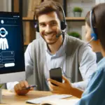 Two professionals engage with an AI customer support interface on a desktop, symbolizing customer experience in the age of AI. One is wearing a headset, indicating active customer interaction