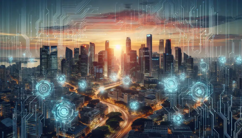 Futuristic cityscape at dusk with digital circuit patterns overlaying, symbolizing Digital Transformation across Business Functions