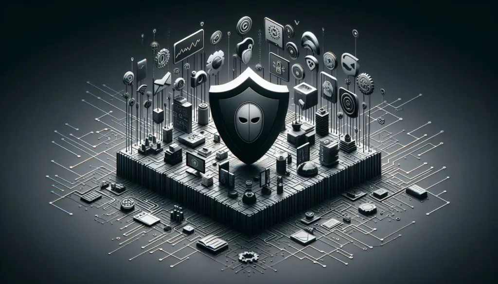 A shield with an alien-like icon, surrounded by tech symbols, under Cybersecurity Regulations