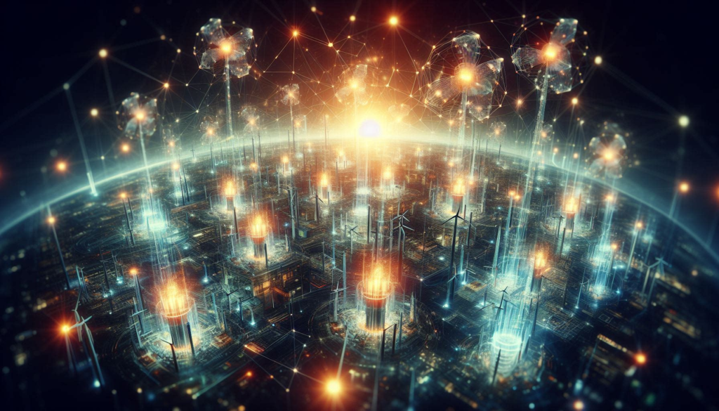 Depiction of a Virtual Power Plant with interconnected energy sources glowing against a dark background, symbolizing a networked energy system