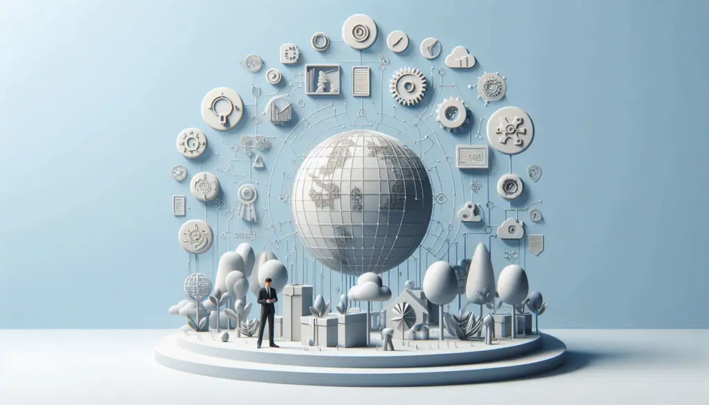 A figure observes a globe encircled by icons, through unified Interoperability and Standards