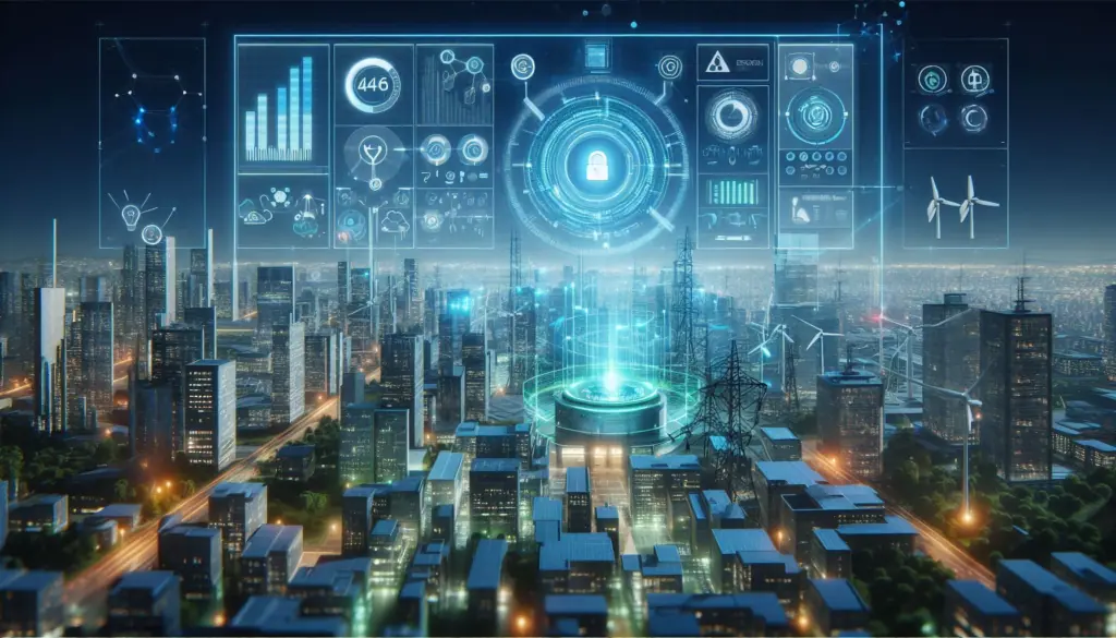 Cityscape with overlay of artificial intelligence interfaces for energy management, featuring graphs, data analytics, and a secure network hub