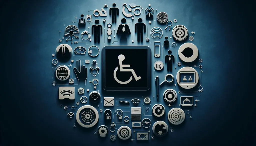 A disability symbol central to a network of digital icons, focused on inclusion and accessibility