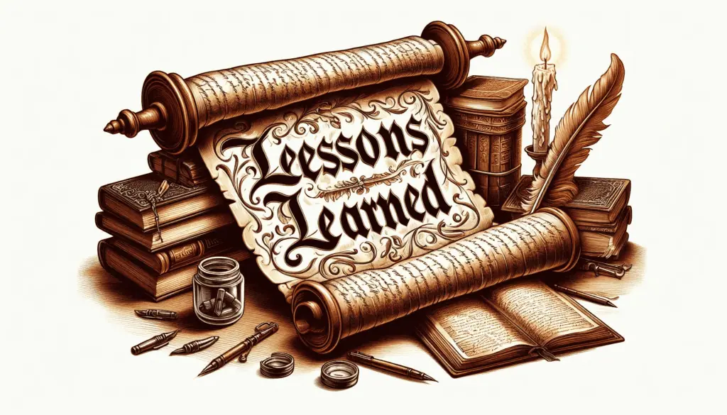 Illustration of a vintage scroll with ‘Lessons Learned’ written in ornate script, surrounded by books, a quill, inkwell, and a lit candle