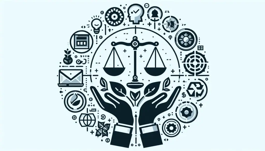 Balanced scales held by hands, encircled by tech icons, depict ethical considerations in the digital transformation of government