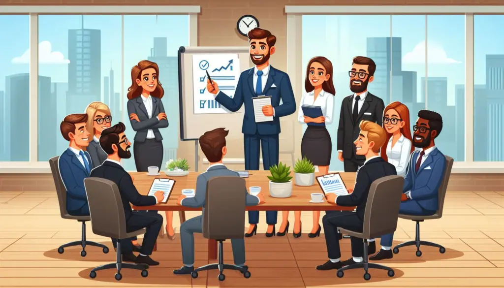 A professional presentation in a bright office setting, serving as a guide for business strategies, with diverse attendees focused on the speaker