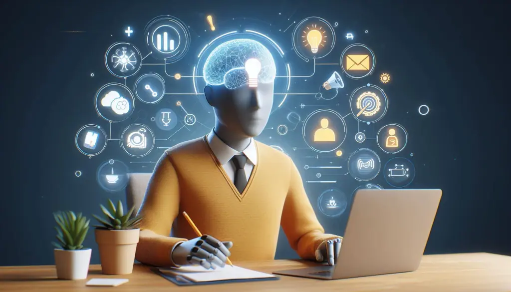 An illustration, with a humanoid figure at a desk and personalized digital icons for AI Personalization showing ai for digital agencies