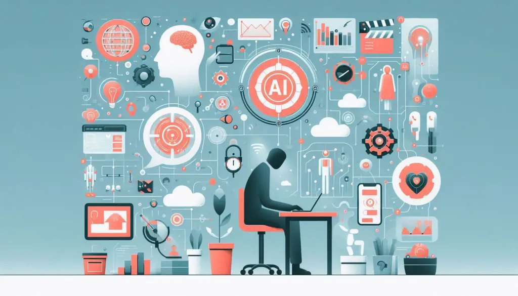 The image with a silhouette of a person at a desk, icons representing future trends in AI and HR technology, emphasizing innovation and advancement