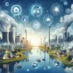 Futuristic cityscape with digital icons representing Examples of Digital Transformation, including smart homes, renewable energy, and advanced connectivity