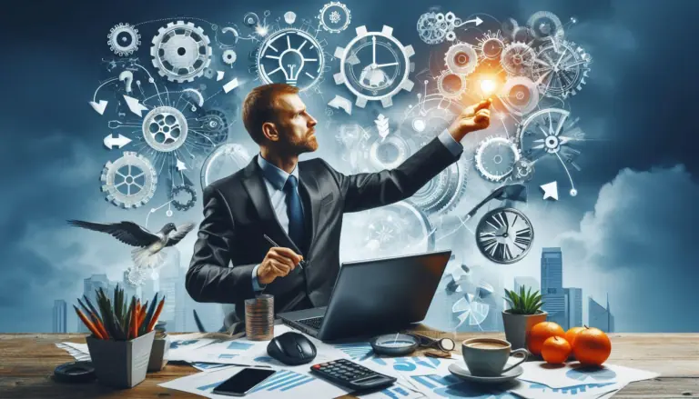 A professional setting illustrating managing change in the workplace, with a person at a desk interacting with floating gears and innovation symbols