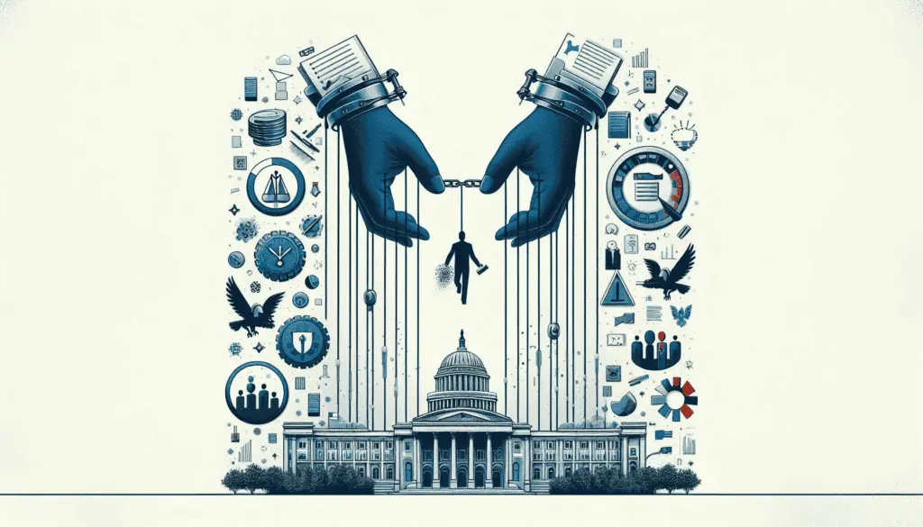 Hands manipulate strings on a capitol, symbolizing the digital transformation of government’s new dynamic with public administration and citizens