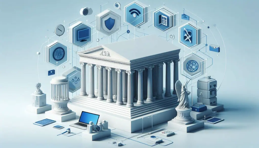 a classical building and surrounding tech icons symbolizing online security, data management, and connectivity.