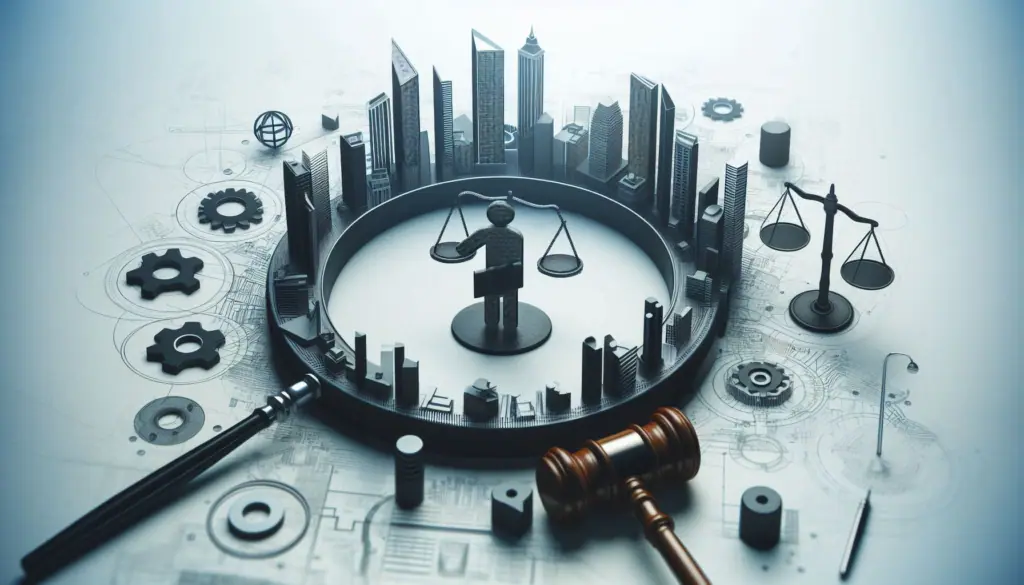 Conceptual image in the legal and regulatory sector, with law symbols integrated into an urban blueprint design