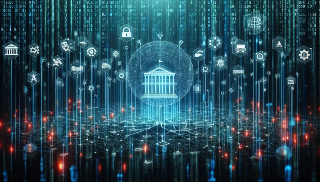 A digital representation of a government building at the center of a network, symbolizing the digital transformation of government. Icons depict various online services and security