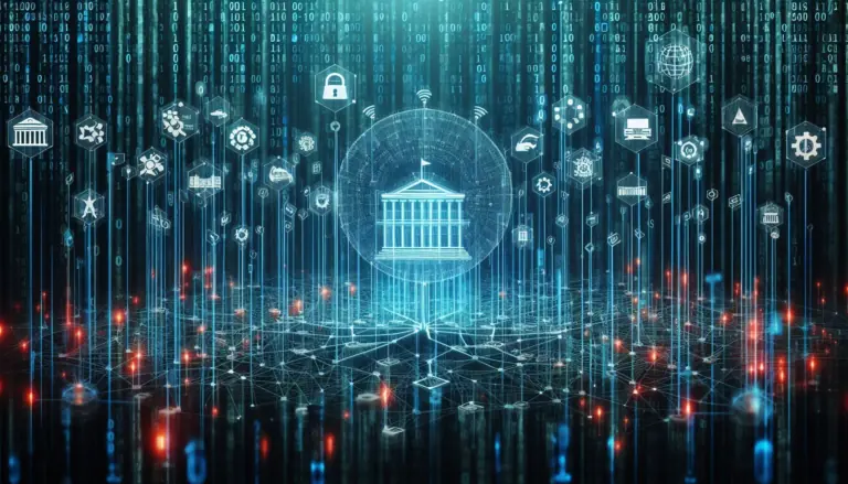 A digital representation of a government building at the center of a network, symbolizing the digital transformation of government. Icons depict various online services and security
