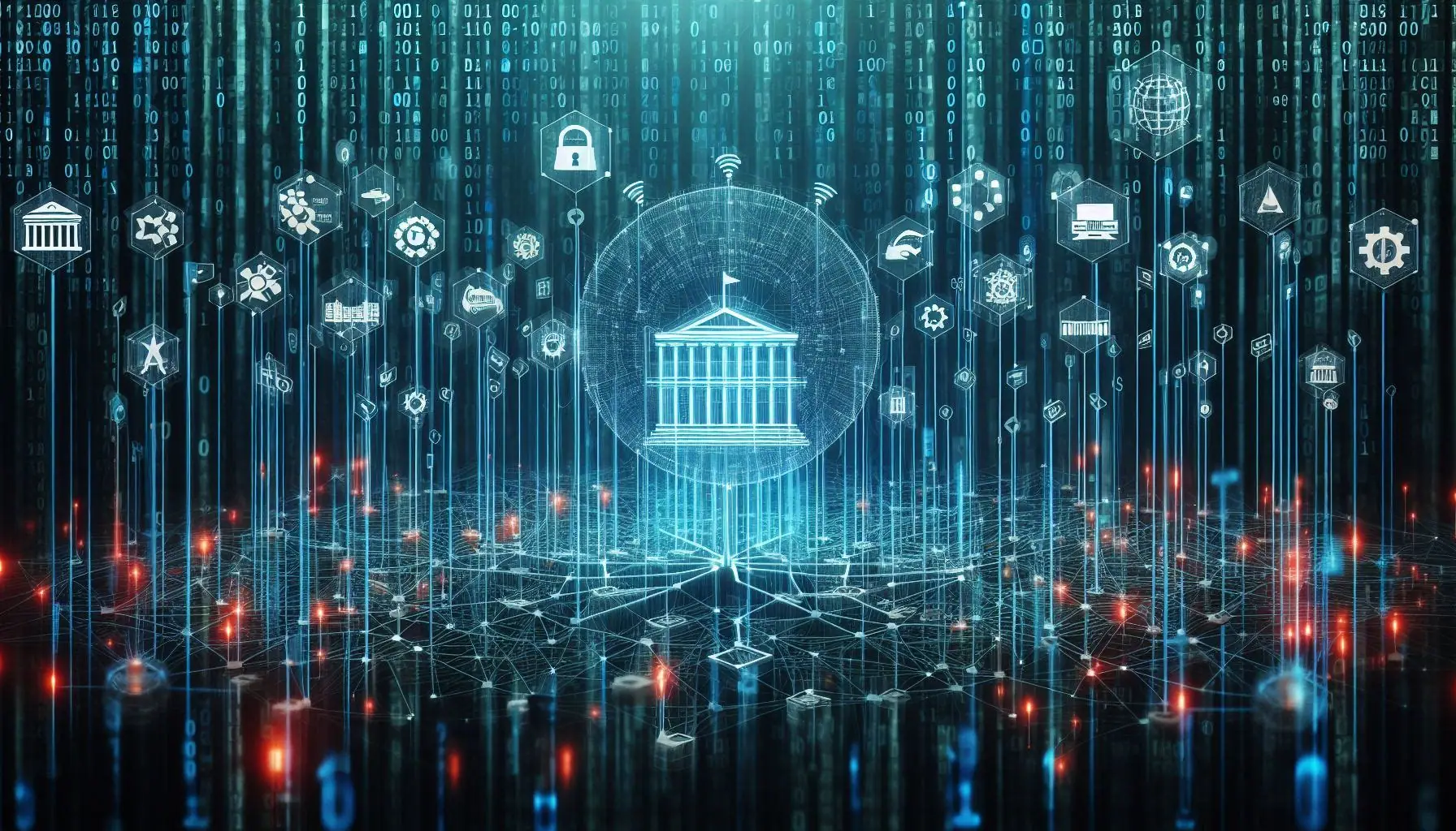 A digital representation of a government building at the center of a network, symbolizing the digital transformation of government. Icons depict various online services and security