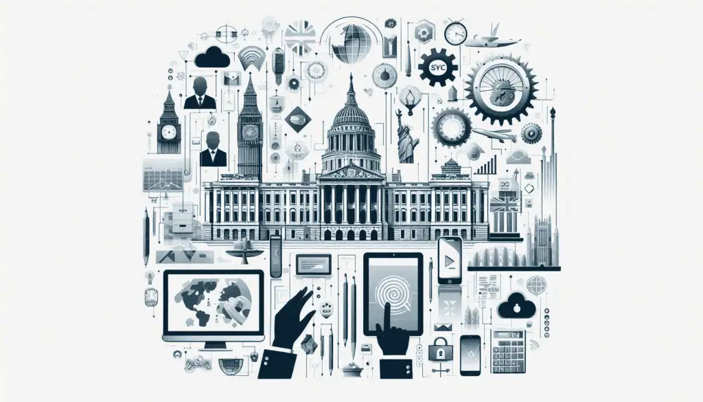 Iconic government buildings and digital icons merge, symbolizing the digital transformation of government, with tech symbols and human interaction in shades of blue
